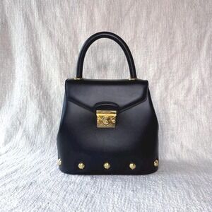 Vintage Ferragamo Navy Leather Gold Studded Top‎ Handle Bag